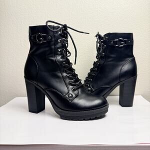 Gansin Black Vegan Leather Combat Style High Heel Ankle Boots Size 6M